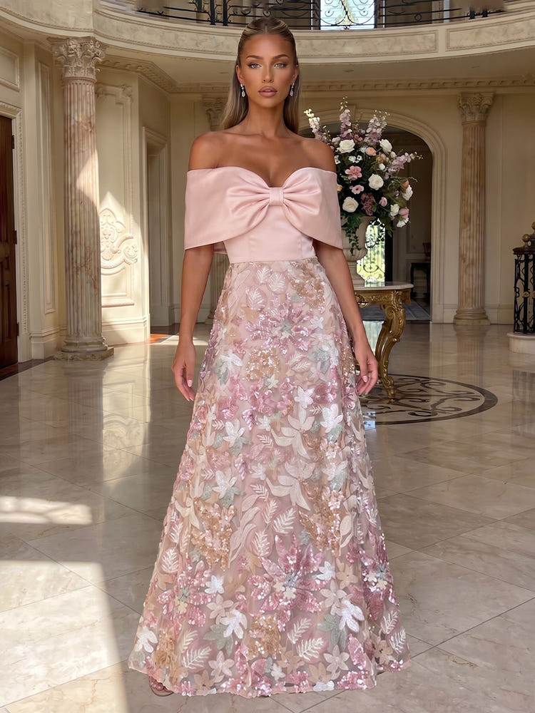 Satin A-Line Off the Shoulder Evening Dresses with Sequin Embroidery