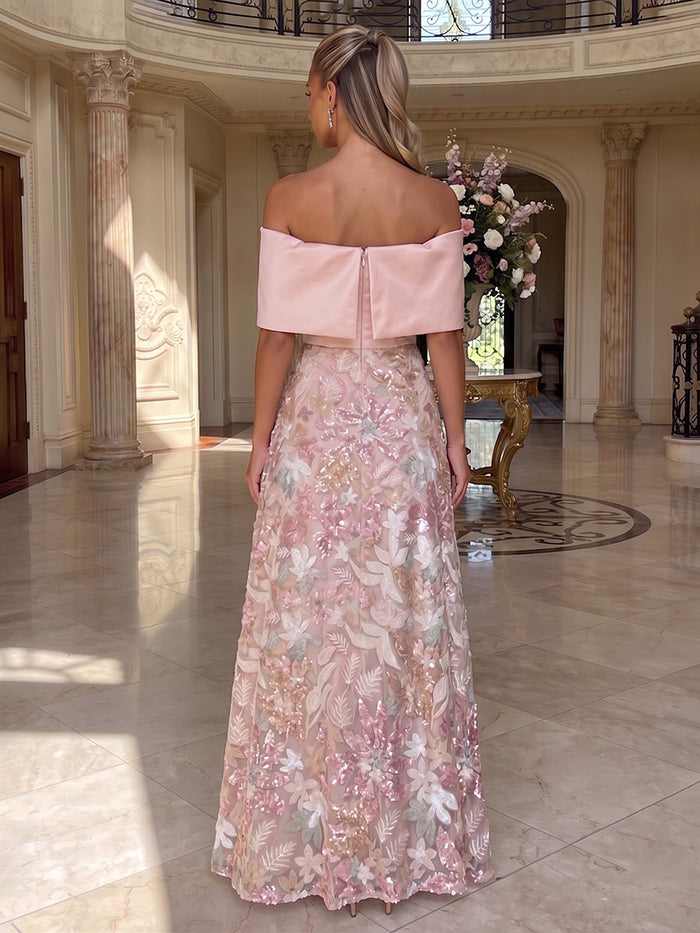 Satin A-Line Off the Shoulder Evening Dresses with Sequin Embroidery