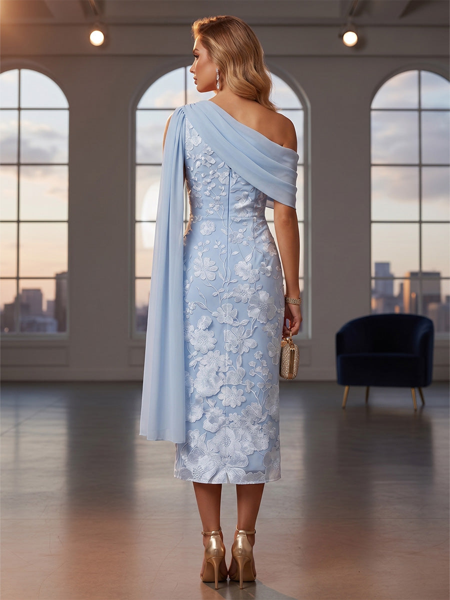 Chiffon Sheath One Shoulder Evening Dresses with Sash