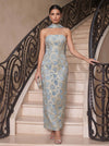 Long Cute Jacquard Sheath Strapless Evening Dresses with Scarf