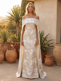 Jacquard Sheath Off the Shoulder Evening Dresses with Sash