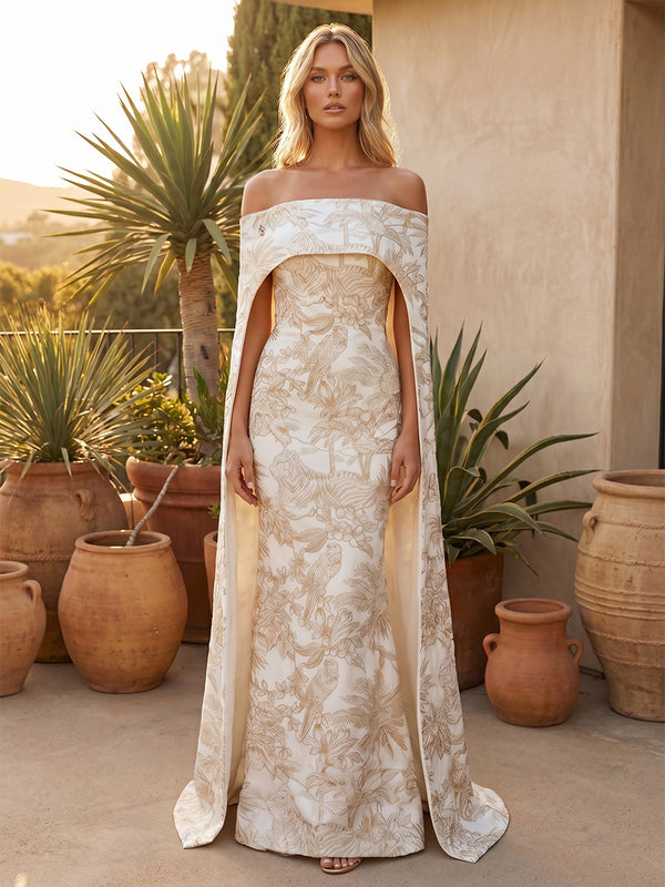 Jacquard Sheath Off the Shoulder Evening Dresses with Sash