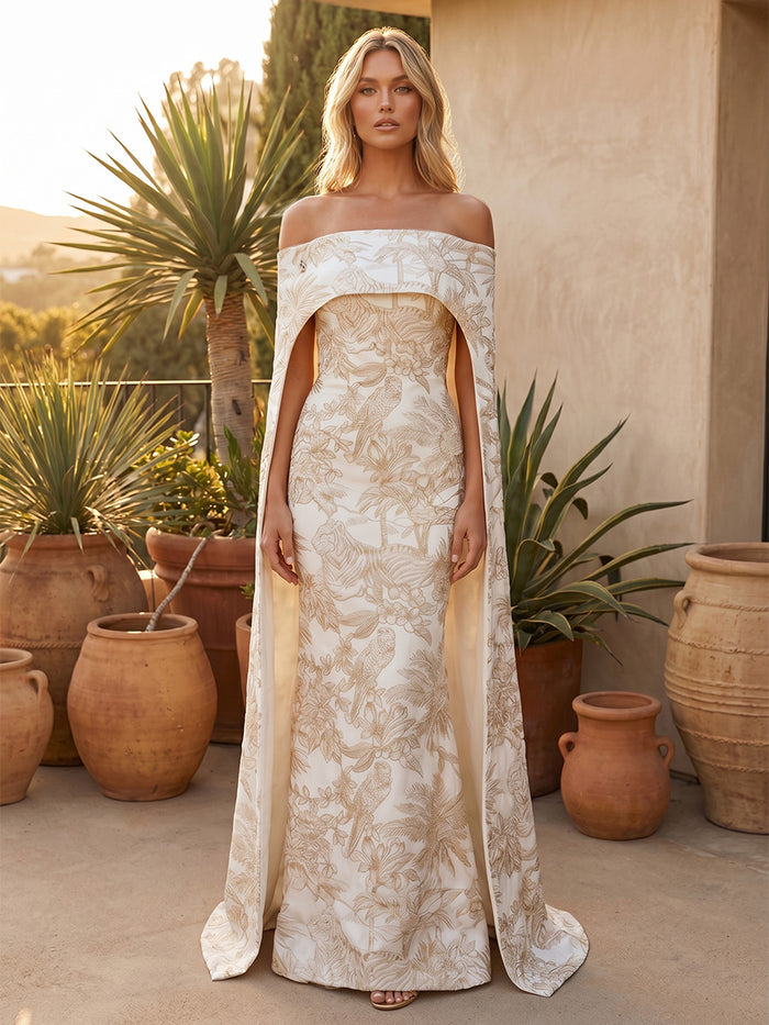 Jacquard Sheath Off the Shoulder Evening Dresses with Sash