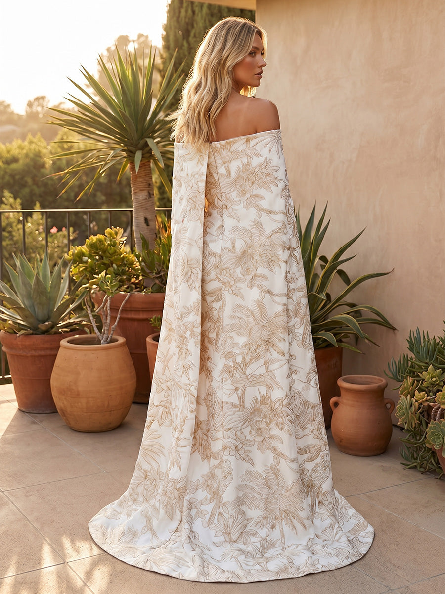 Jacquard Sheath Off the Shoulder Evening Dresses with Sash