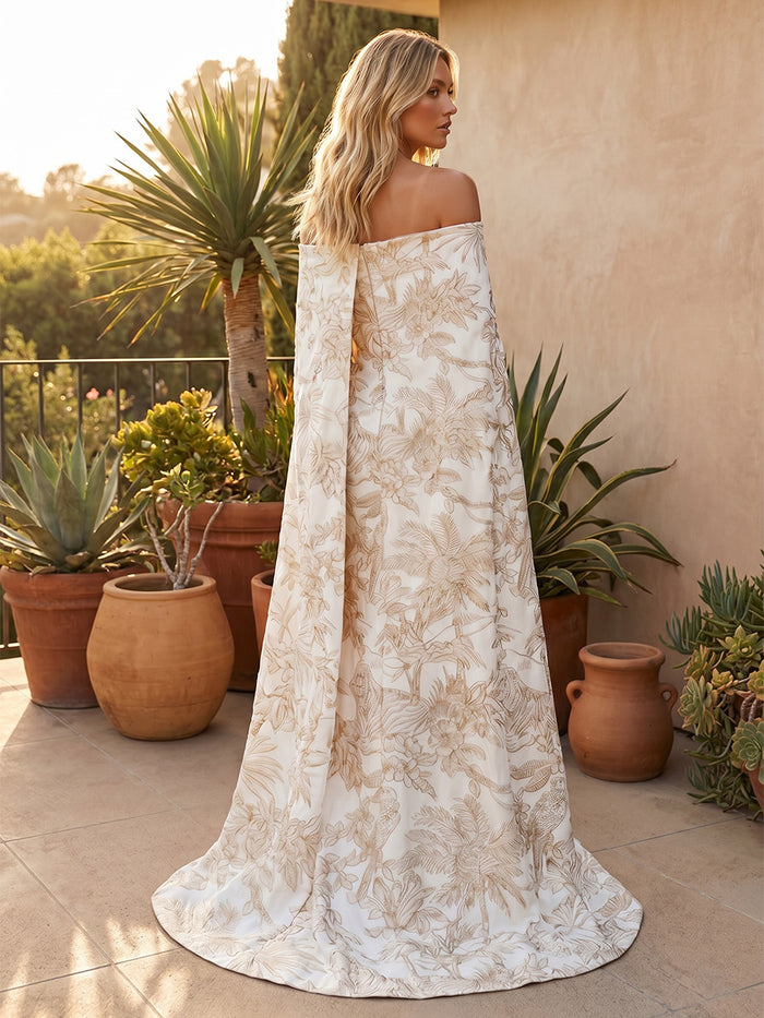 Jacquard Sheath Off the Shoulder Evening Dresses with Sash