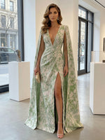 Jacquard Mermaid V Neck Evening Dresses with Side Slit