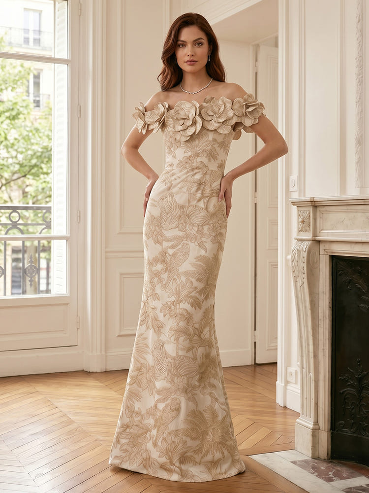 Jacquard Mermaid Off the Shoulder Mother of the Bride Dresses with 3D Flowers