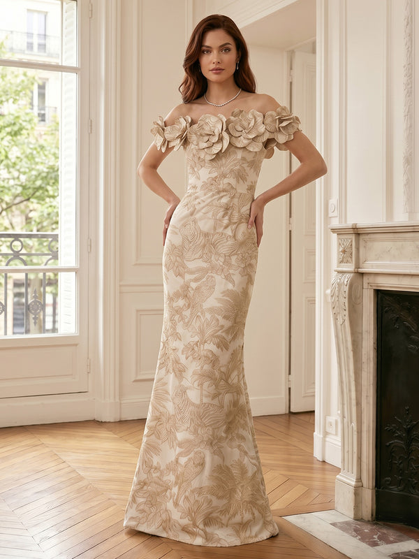 Jacquard Mermaid Off the Shoulder Evening Dresses with 3D Flowers