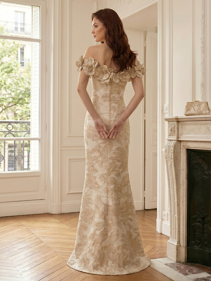 Jacquard Mermaid Off the Shoulder Evening Dresses with 3D Flowers