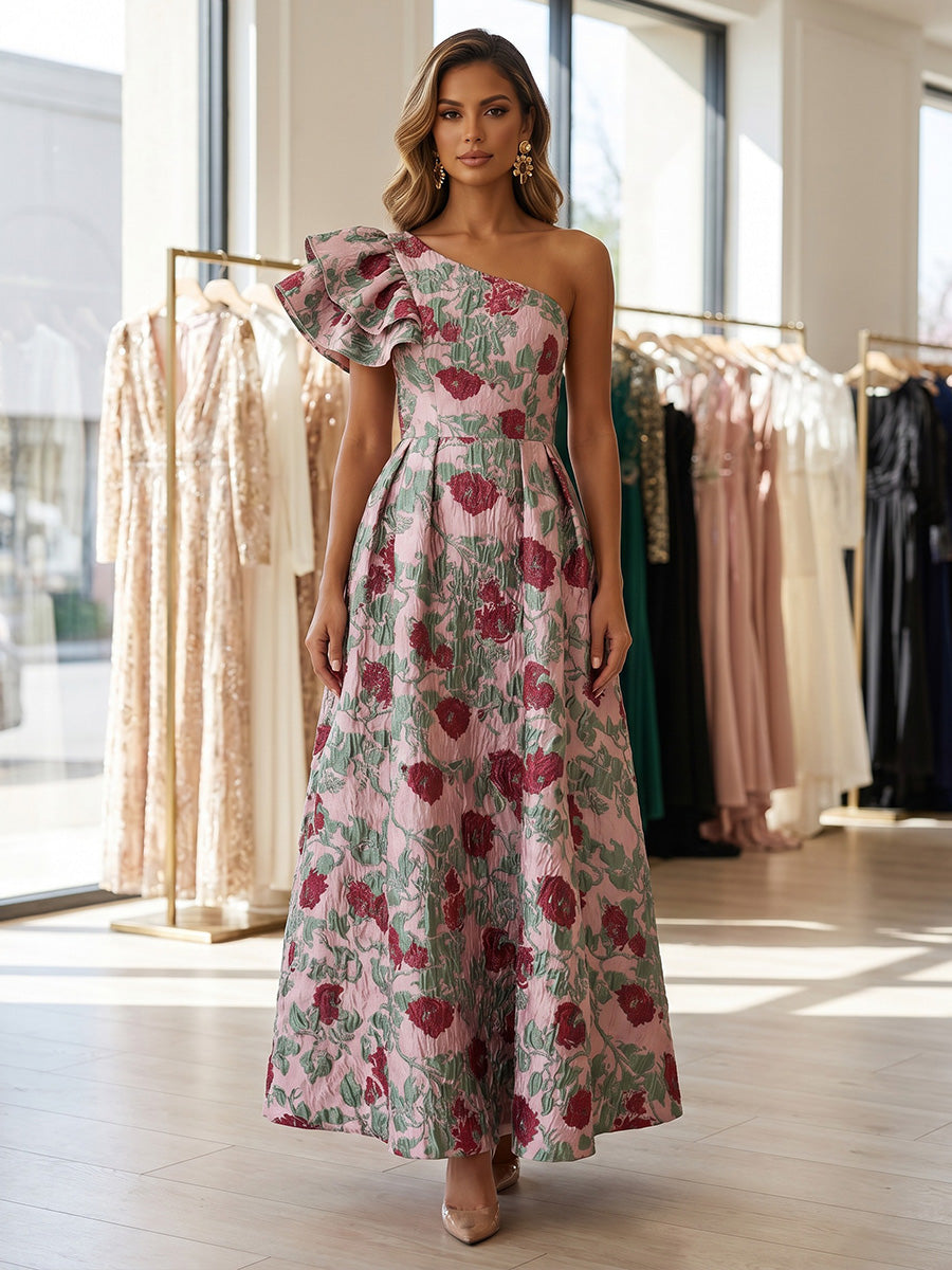 Jacquard A-Line One Shoulder Evening Dresses with Ruffles
