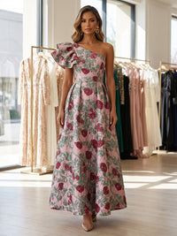 Jacquard A-Line One Shoulder Evening Dresses with Ruffles