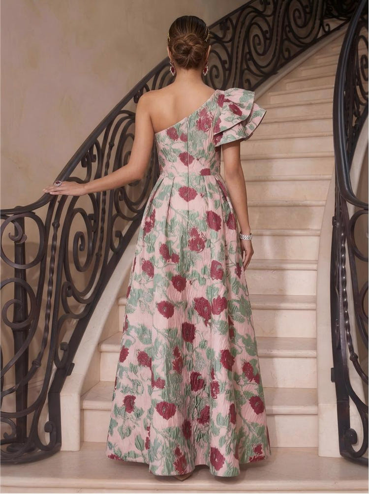 Long Elegant Jacquard A-Line One Shoulder Evening Dresses with Ruffles