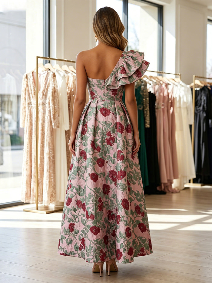 Jacquard A-Line One Shoulder Evening Dresses with Ruffles