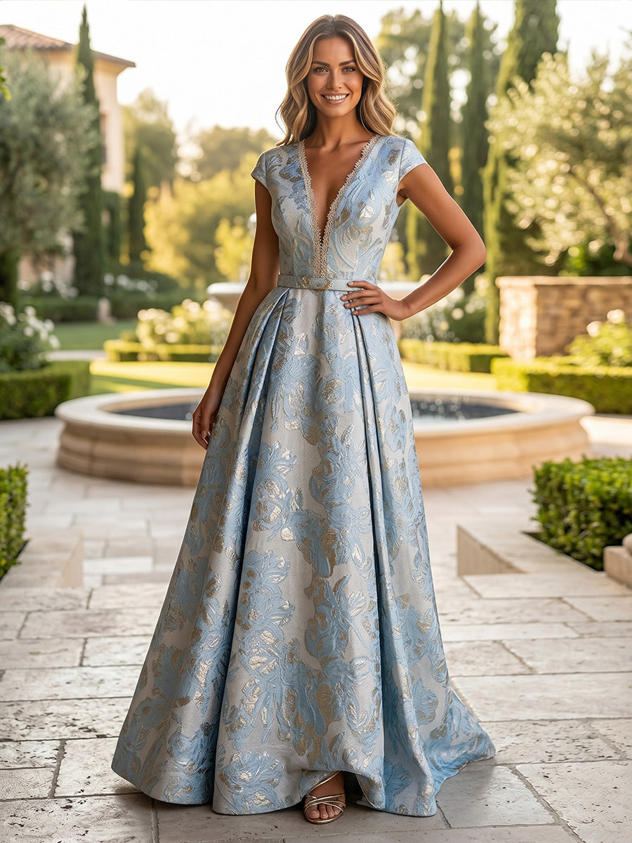 Jacquard A-Line V Neck Evening Dresses with Lace Trim