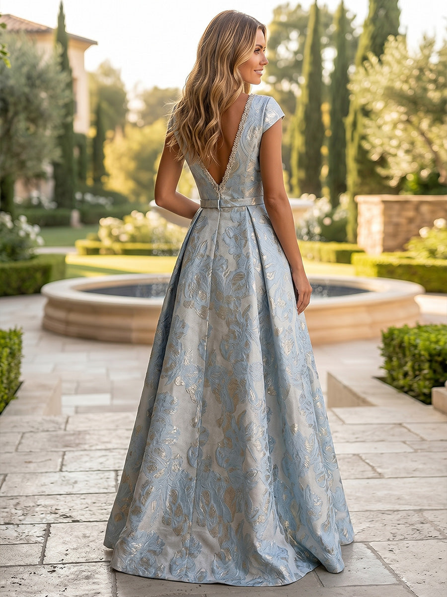 Jacquard A-Line V Neck Evening Dresses with Lace Trim
