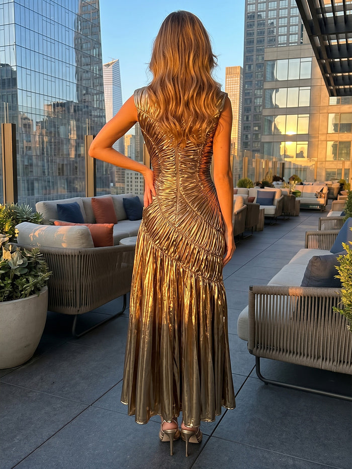 Metallic Satin A-Line Crew Neck Delicate Pleated Evening Dresses
