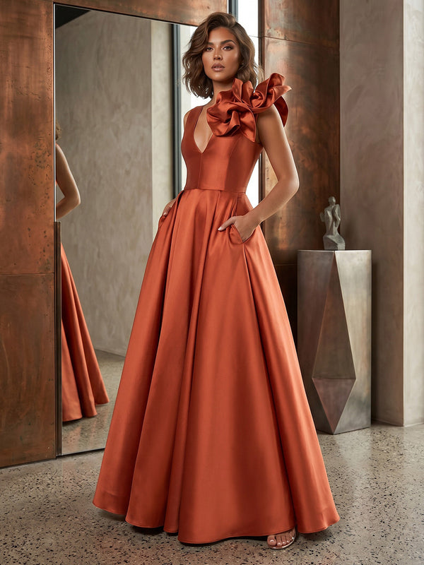 Satin A-Line V Neck Pleated Evening Dresses