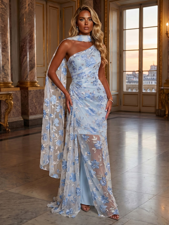 Tulle Sheath One Shoulder Evening Dresses with Scarf
