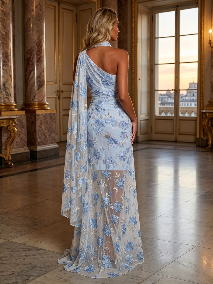 Tulle Sheath One Shoulder Evening Dresses with Scarf