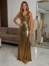 Metallic Foil Chiffon Mermaid Cowl Neck Evening Dresses with Rhinestone