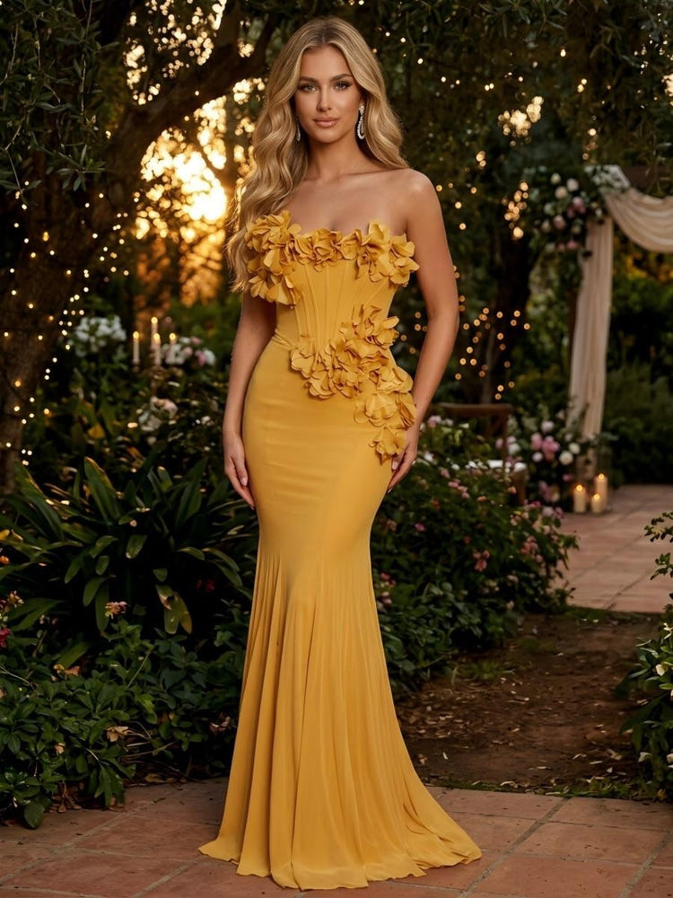 Chiffon Mermaid Strapless Evening Dresses with 3D Flowers