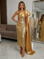 Sequin Sheath One Shoulder Evening Dresses with Sash