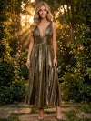 Metallic Foil Chiffon A-Line V Neck Delicate Pleated Evening Dresses