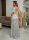 Metallic Foil Chiffon Mermaid V Neck Evening Dresses with Side Slit