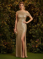Sequin Mermaid One Shoulder Evening Dresses with Side Slit