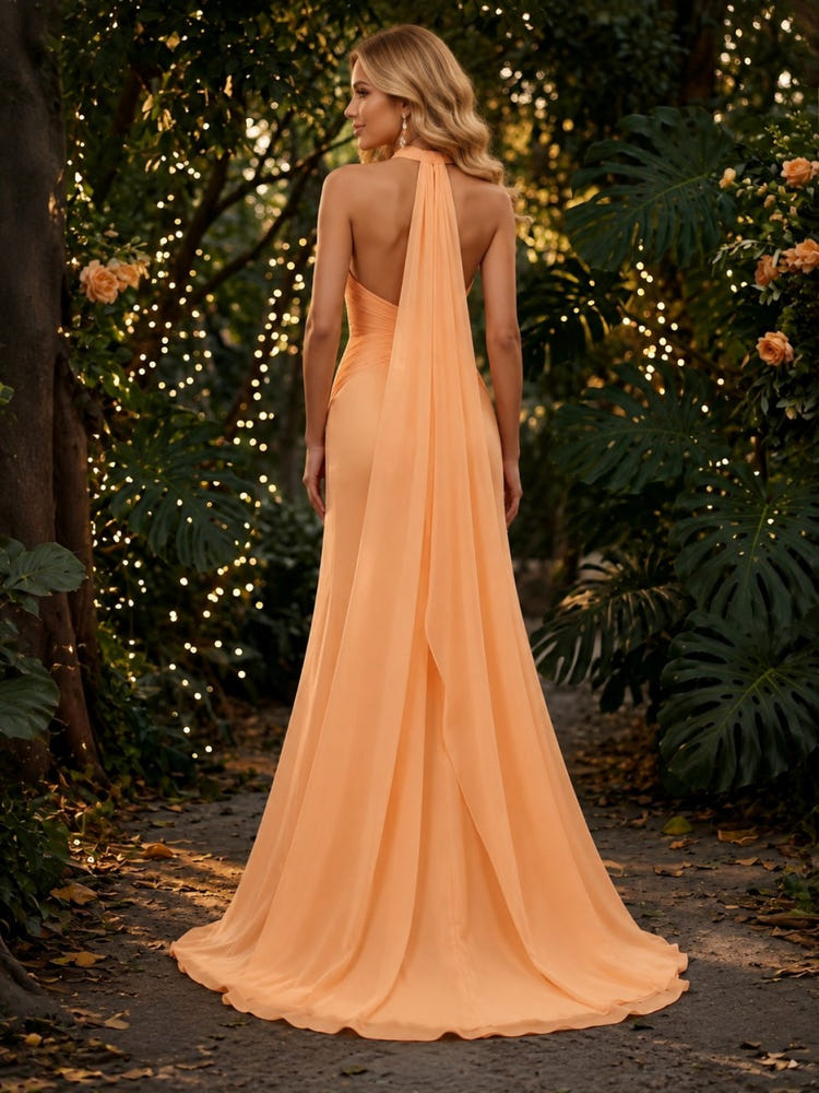 Satin Mermaid Halter Evening Dresses with Sash