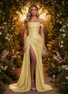 Satin Mermaid Off the Shoulder Evening Dresses with Side Slit