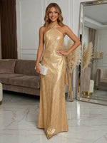 Sequin Mermaid Halter Evening Dresses with Sash