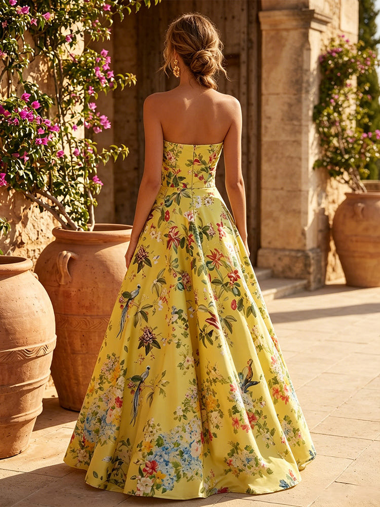 Satin A-Line Strapless Evening Dresses with Floral Print