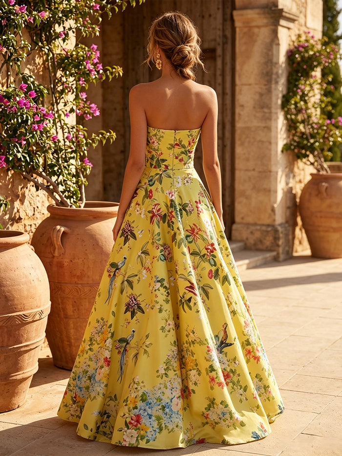 Satin A-Line Strapless Evening Dresses with Floral Print