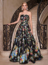 Satin A-Line Strapless Evening Dresses with Floral Print