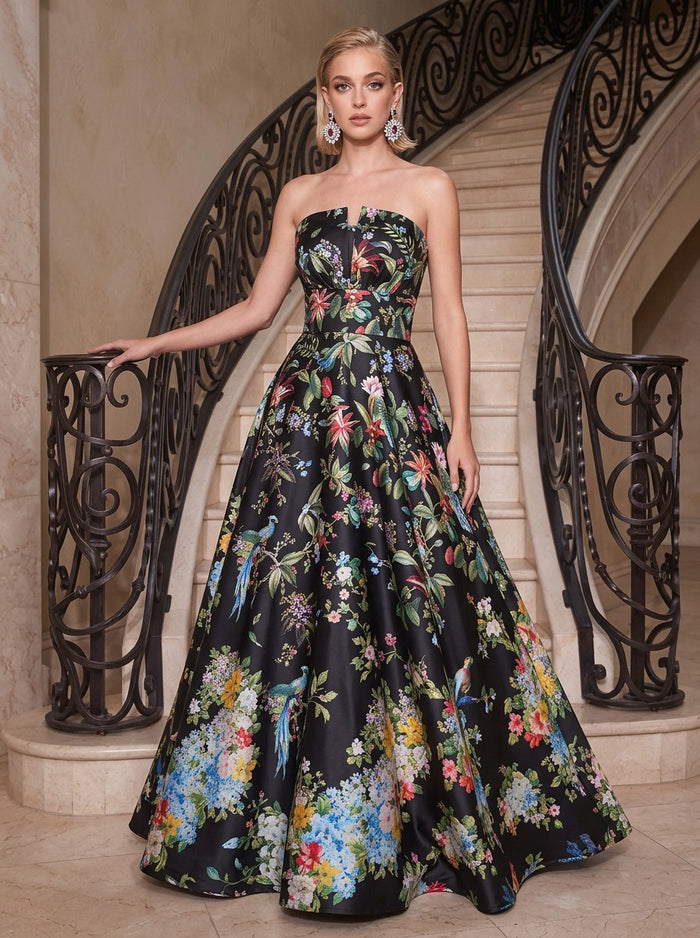 Satin A-Line Strapless Evening Dresses with Floral Print