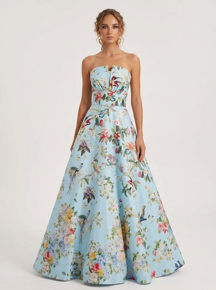 Satin A-Line Strapless Evening Dresses with Floral Print
