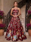 Satin A-Line Strapless Evening Dresses with Floral Print