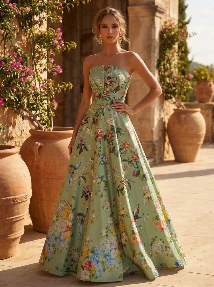 Satin A-Line Strapless Evening Dresses with Floral Print