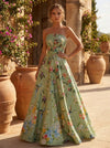 Satin A-Line Strapless Evening Dresses with Floral Print