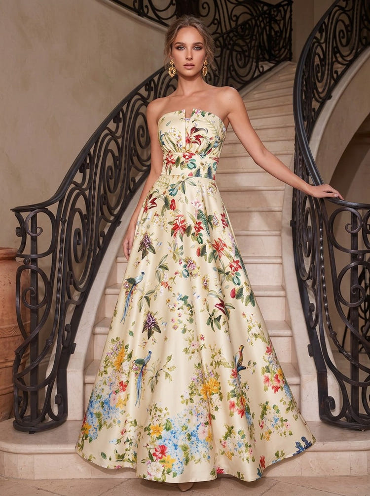 Satin A-Line Strapless Evening Dresses with Floral Print