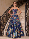 Satin A-Line Strapless Evening Dresses with Floral Print