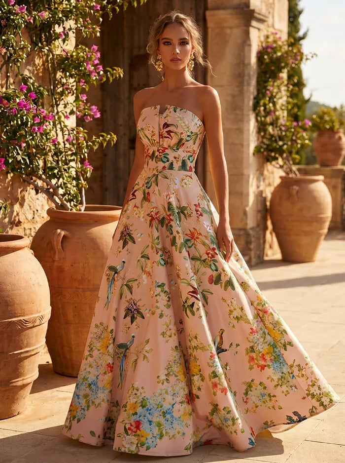 Satin A-Line Strapless Evening Dresses with Floral Print