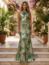 Jacquard Mermaid Halter Evening Dresses with Keyhole
