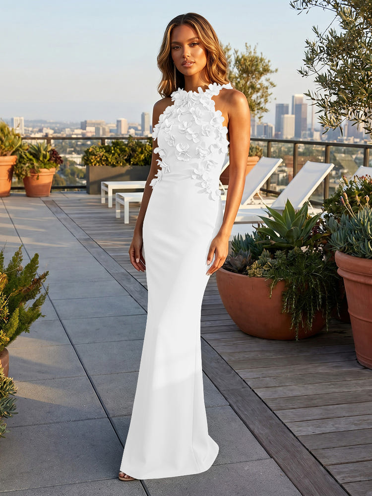 Jersey Mermaid Halter Evening Dresses with 3D Flowers