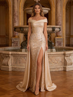 Sequin Mermaid Off the Shoulder Evening Dresses with Beaded