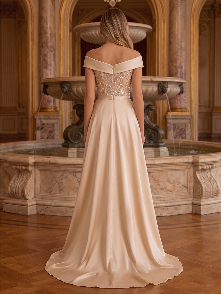 Sequin Mermaid Off the Shoulder Evening Dresses with Beaded