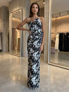 Jacquard Sheath Strapless Evening Dresses with Ruffles