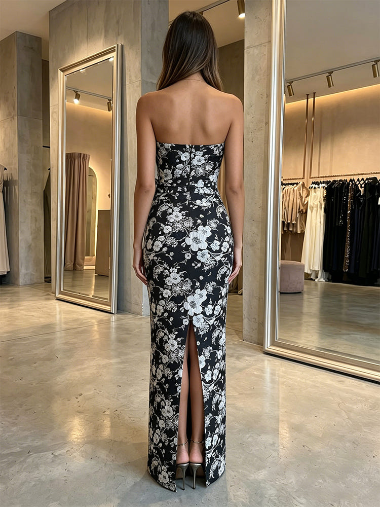 Jacquard Sheath Strapless Evening Dresses with Ruffles