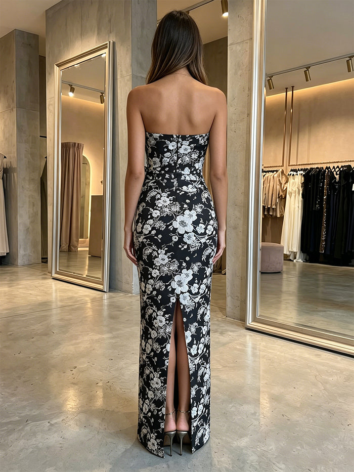 Jacquard Sheath Strapless Evening Dresses with Ruffles